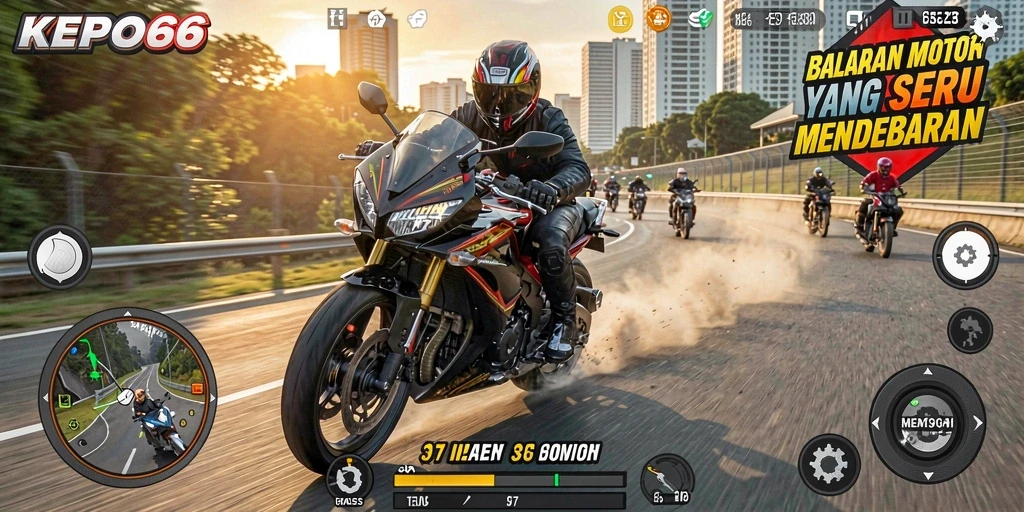 Tampilan gameplay balapan motor yang mendebarkan di KEPO66.
