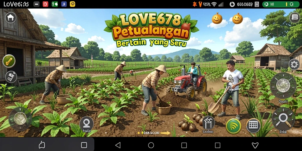 Tampilan gameplay LOVE678 yang menarik, penuh warna dan aktivitas bertani.