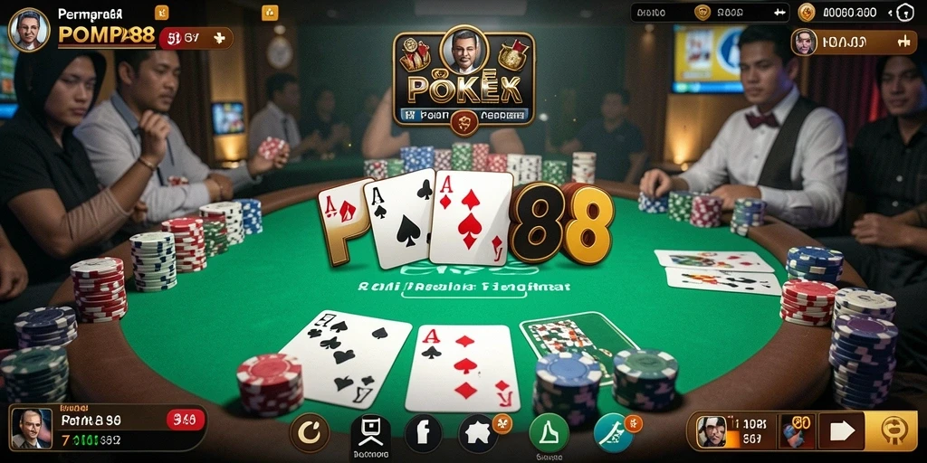 Screenshot gameplay POMPA88 yang menunjukkan suasana meja poker yang dinamis.